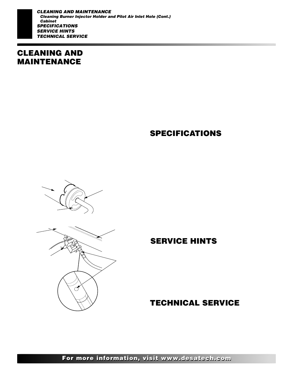 Specifications, Technical service, Service hints | Cleaning and maintenance, Continued, Cabinet | Desa CF26NT User Manual | Page 18 / 30