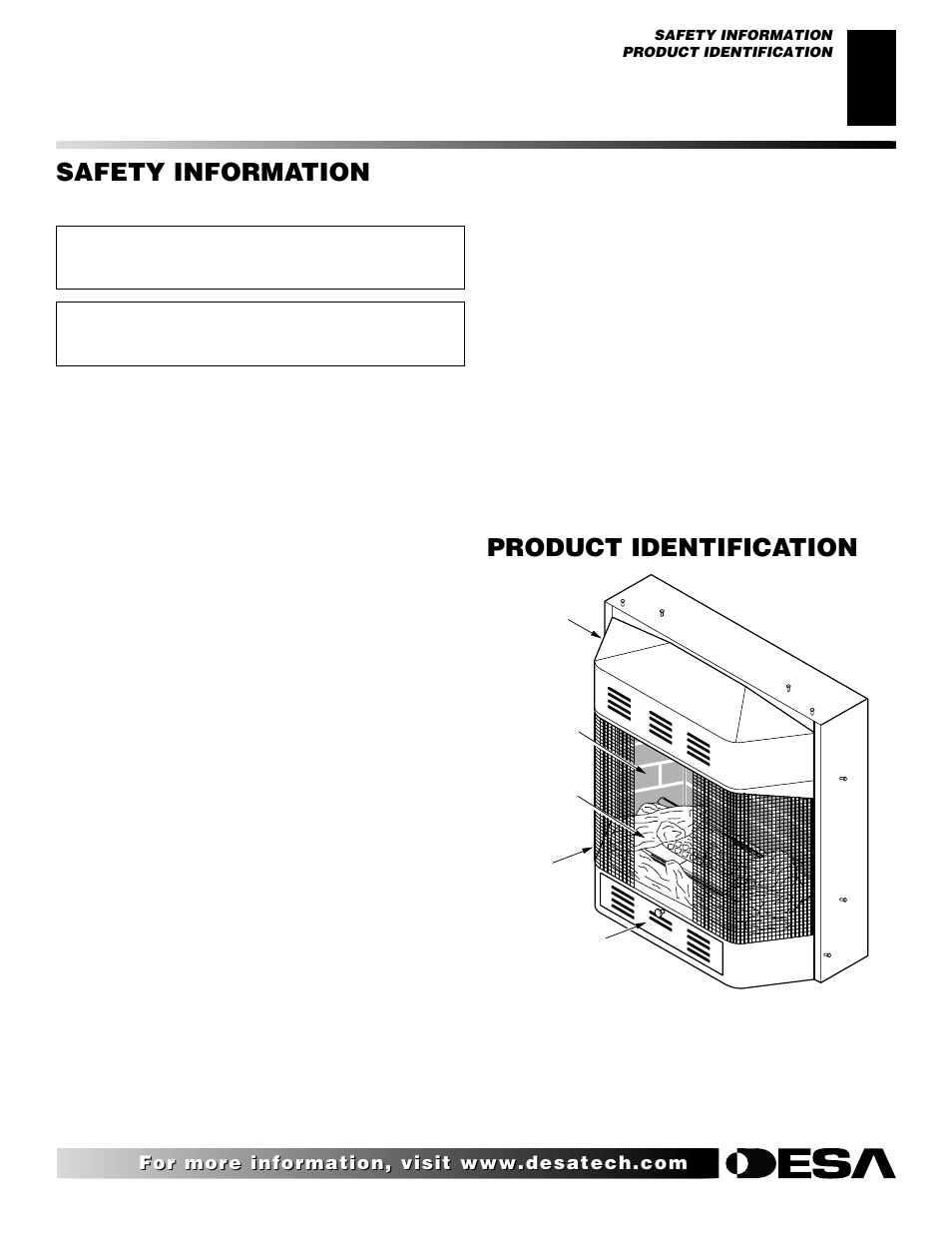 Product identification, Safety information, Continued | Desa CF26NT User Manual | Page 3 / 30