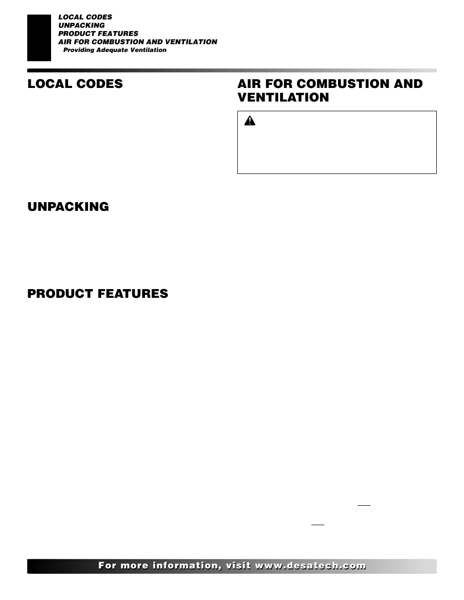 Unpacking, Product features, Air for combustion and ventilation | Local codes | Desa CF26NT User Manual | Page 4 / 30