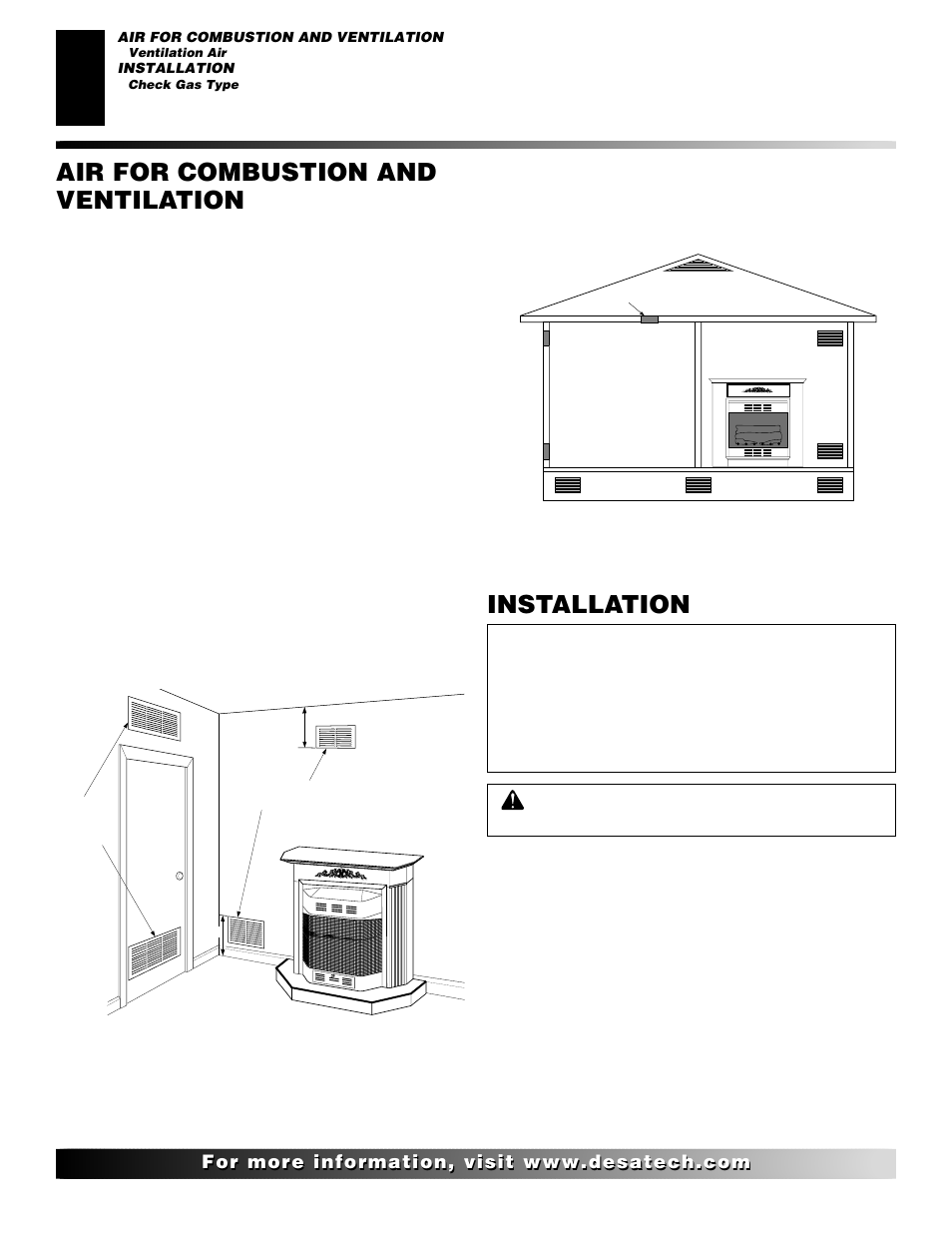 Installation, Air for combustion and ventilation, Continued | Check gas type, Ventilation air, Ventilation air from inside building, Ventilation air from outdoors | Desa CF26NT User Manual | Page 6 / 30