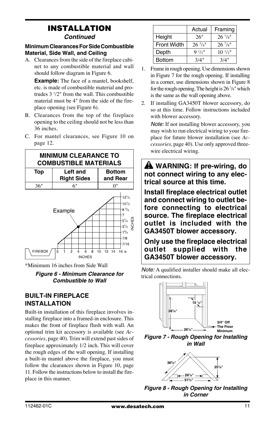 Installation, Continued, Minimum clearance to combustible materials | Built-in fireplace installation | Desa CGCF10PR User Manual | Page 11 / 44