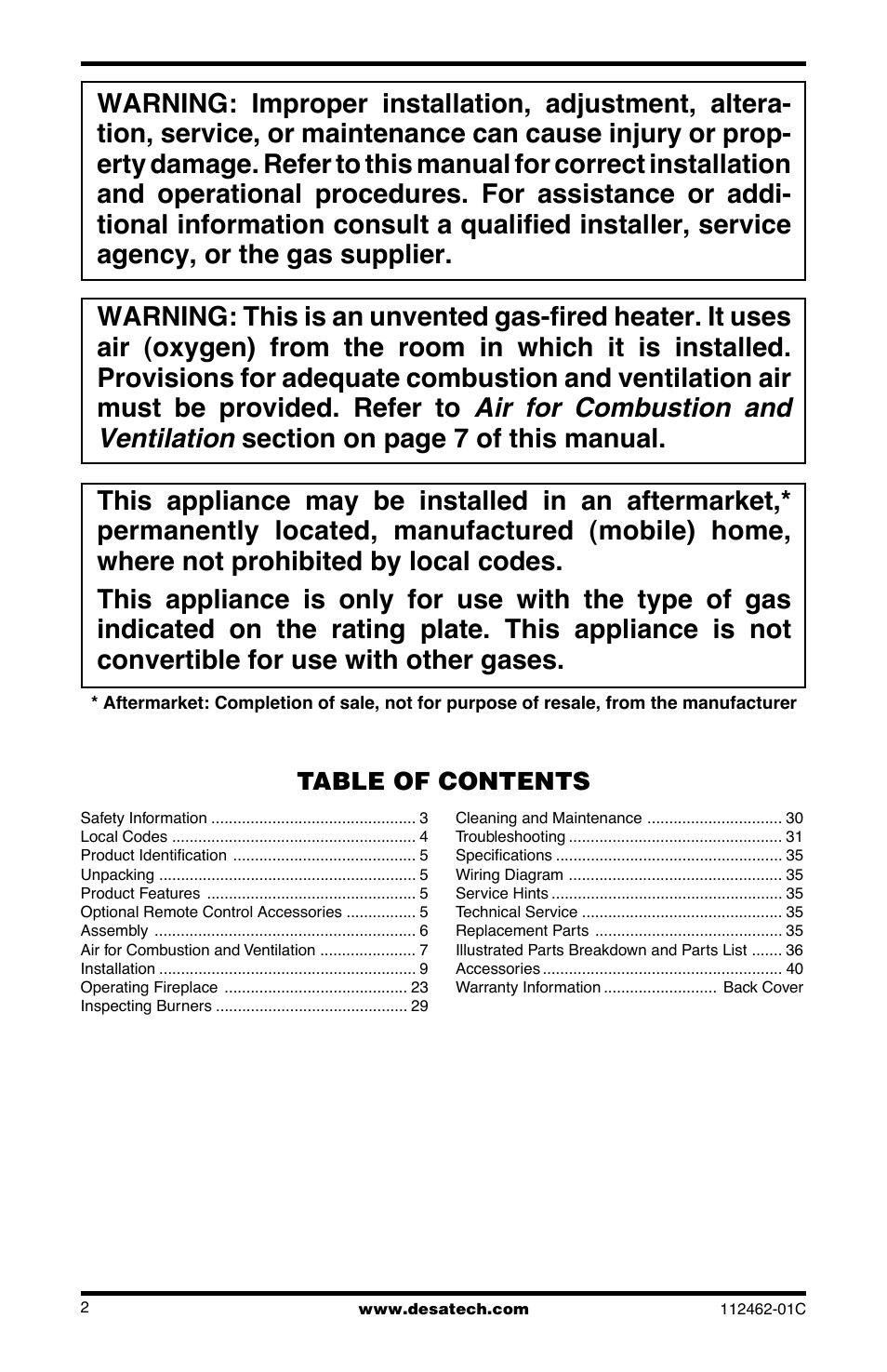 Air for combustion and ventilation | Desa CGCF10PR User Manual | Page 2 / 44