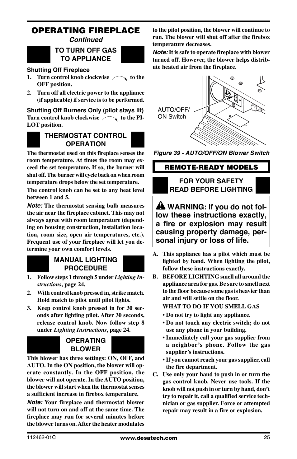 Operating fireplace | Desa CGCF10PR User Manual | Page 25 / 44