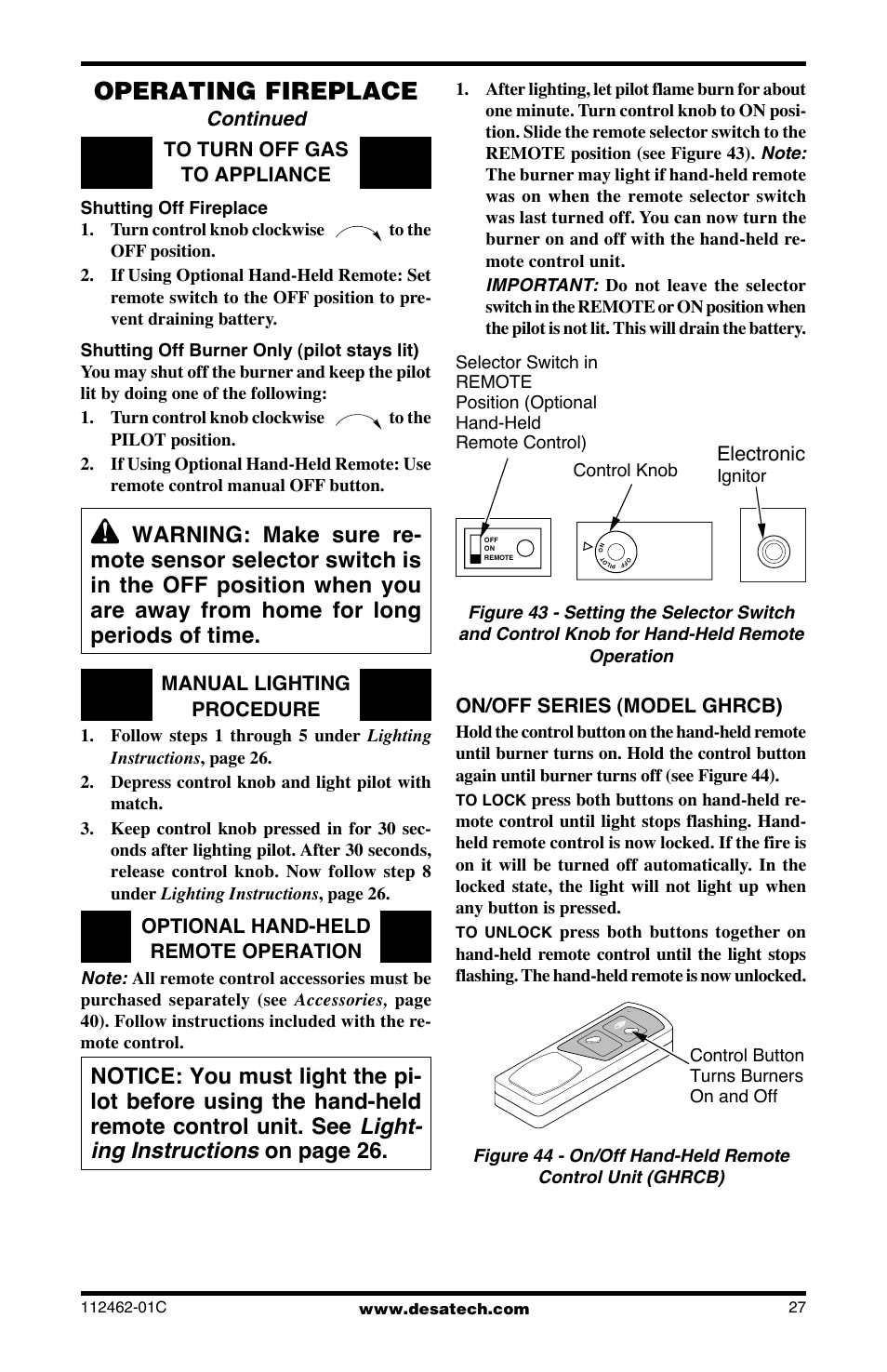 Operating fireplace, Continued, Manual lighting procedure | Optional hand-held remote operation, On/off series (model ghrcb), Electronic | Desa CGCF10PR User Manual | Page 27 / 44