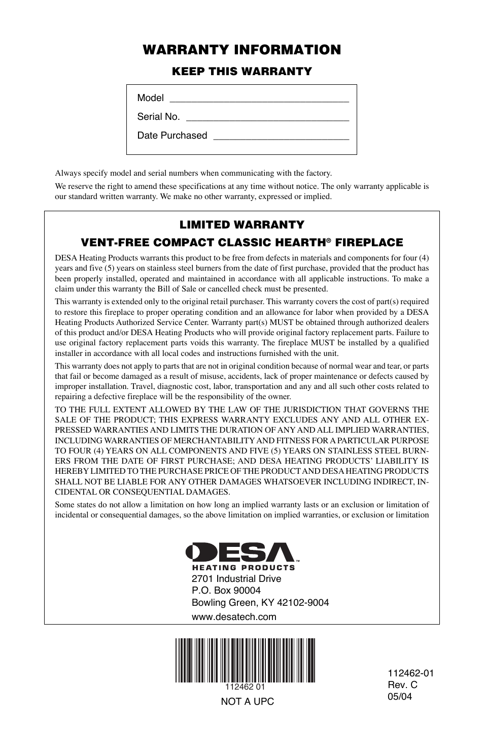 Warranty information | Desa CGCF10PR User Manual | Page 44 / 44