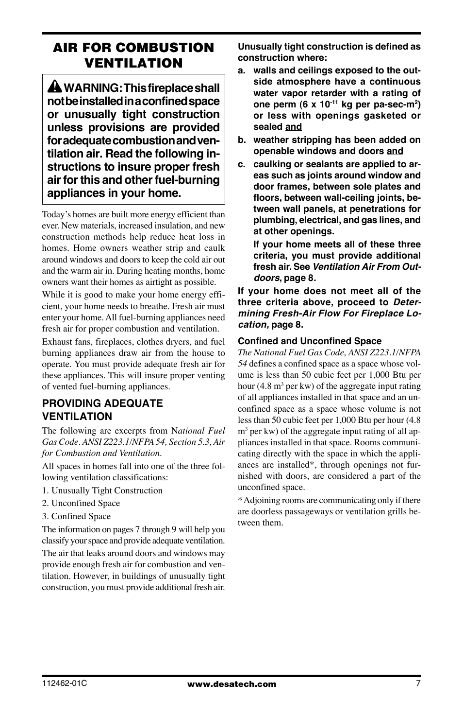Air for combustion ventilation | Desa CGCF10PR User Manual | Page 7 / 44