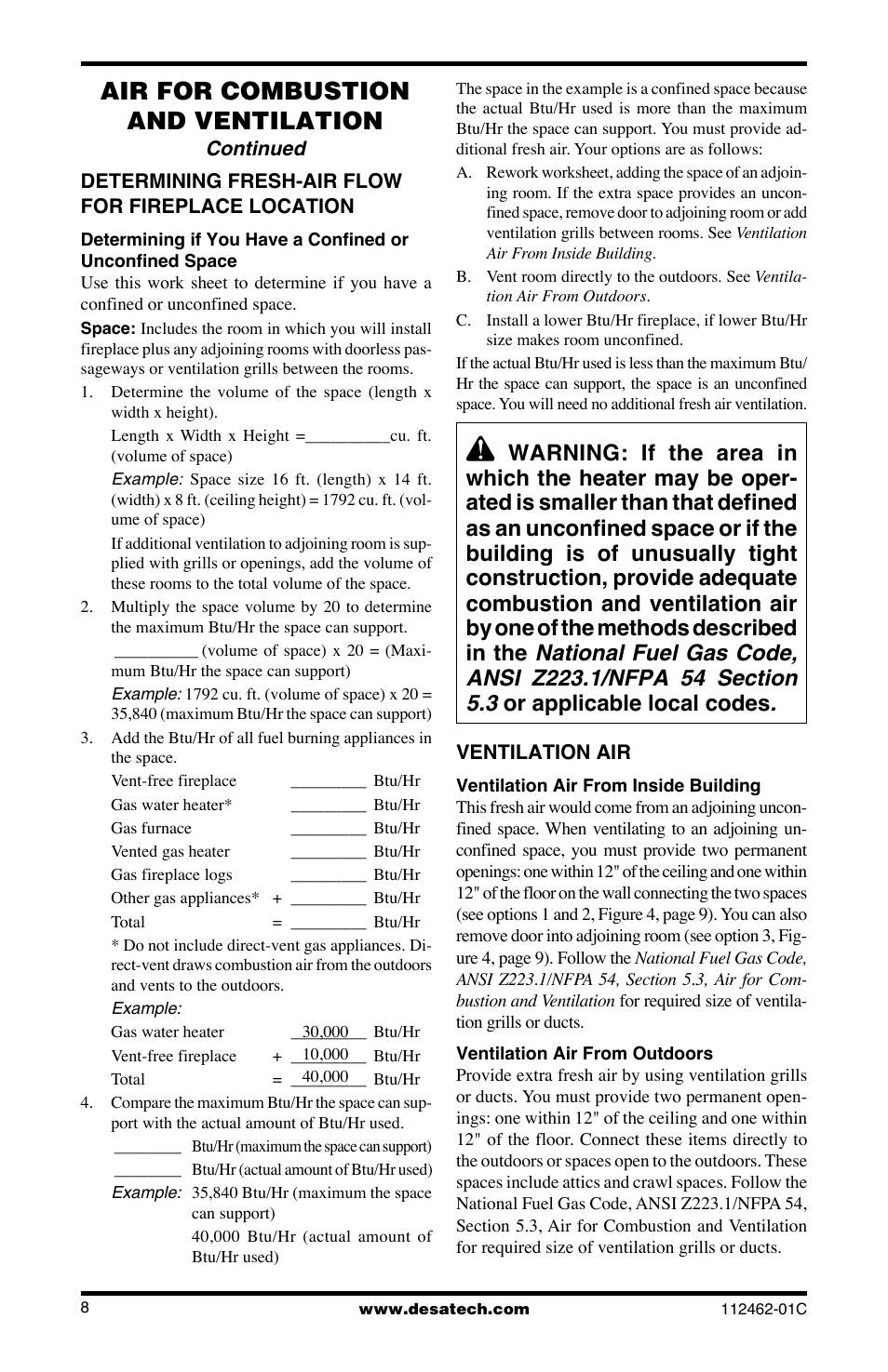 Air for combustion and ventilation | Desa CGCF10PR User Manual | Page 8 / 44