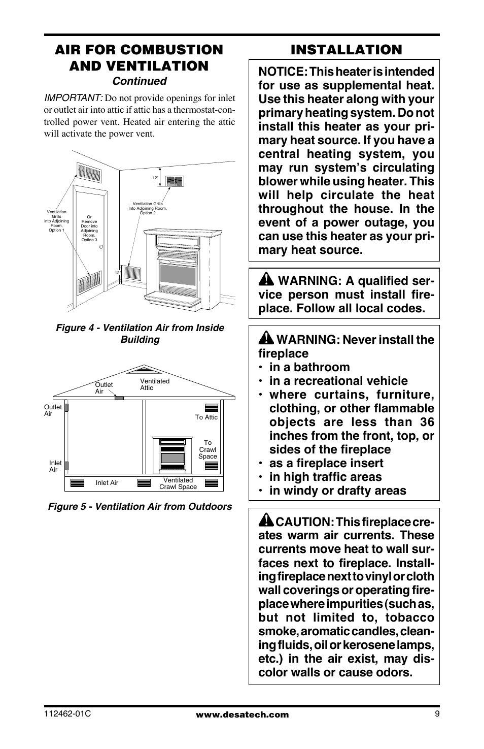 Installation, Air for combustion and ventilation, Continued | Figure 4 - ventilation air from inside building, Figure 5 - ventilation air from outdoors | Desa CGCF10PR User Manual | Page 9 / 44