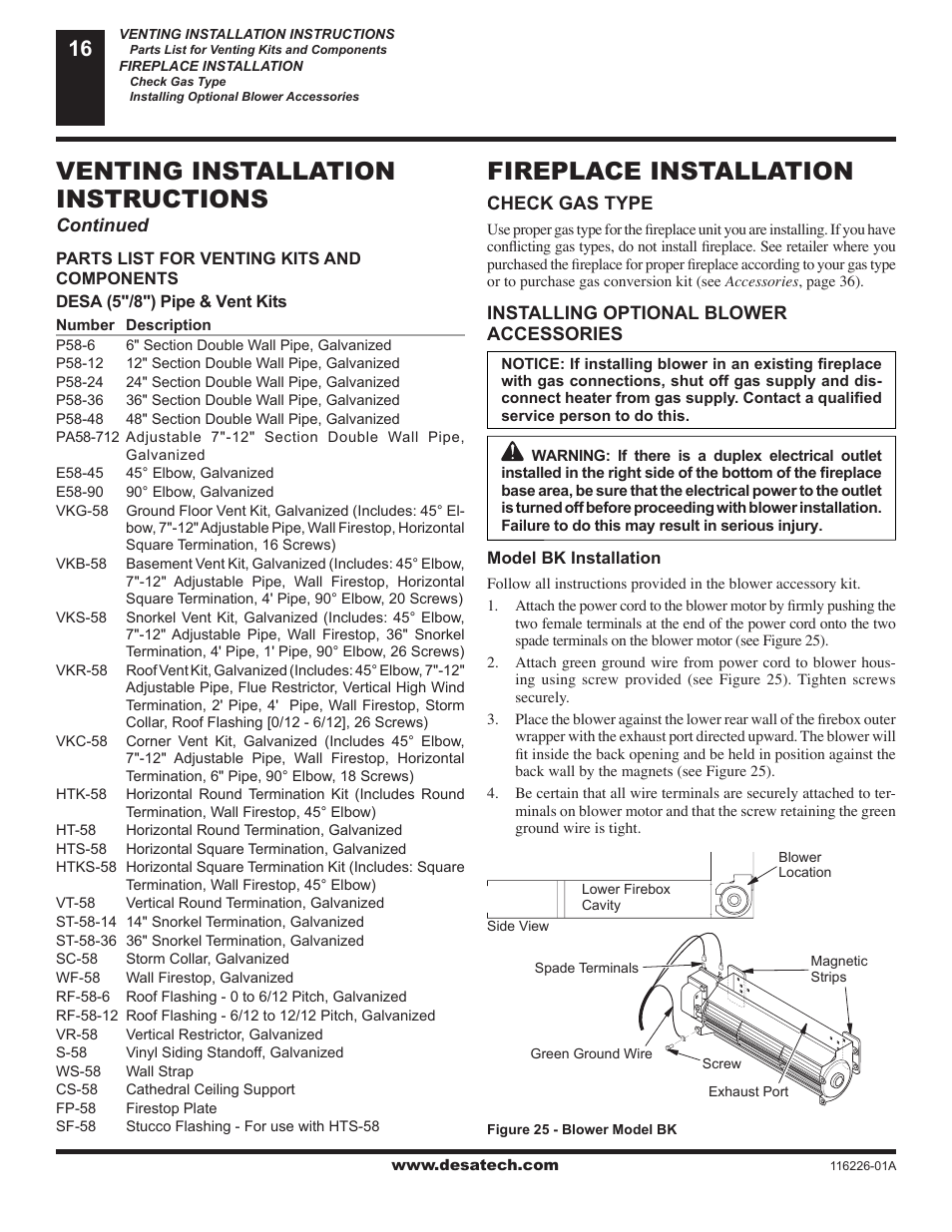 Fireplace installation, Venting installation instructions | Desa (V)KC36N User Manual | Page 16 / 40