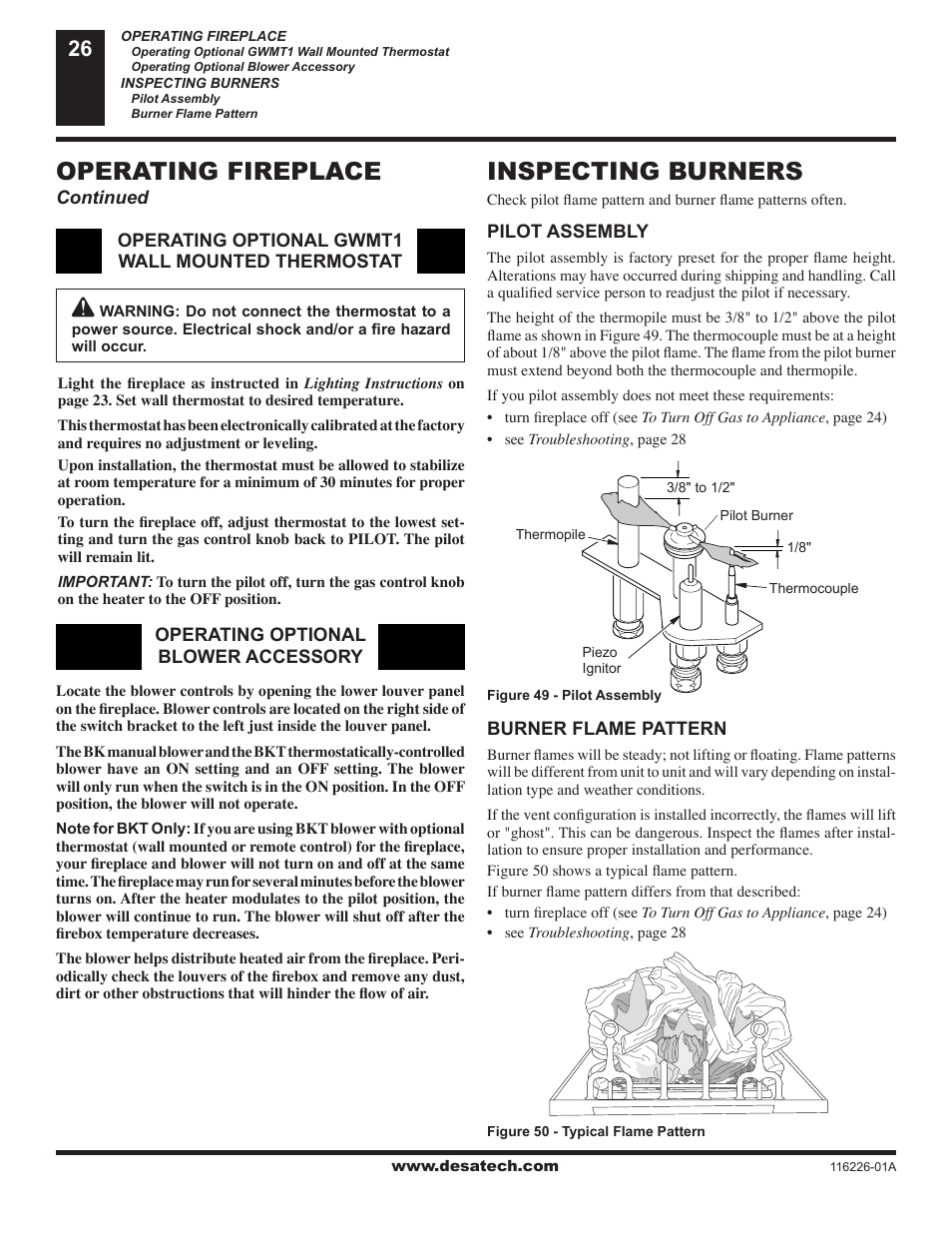 Inspecting burners, Operating fireplace | Desa (V)KC36N User Manual | Page 26 / 40