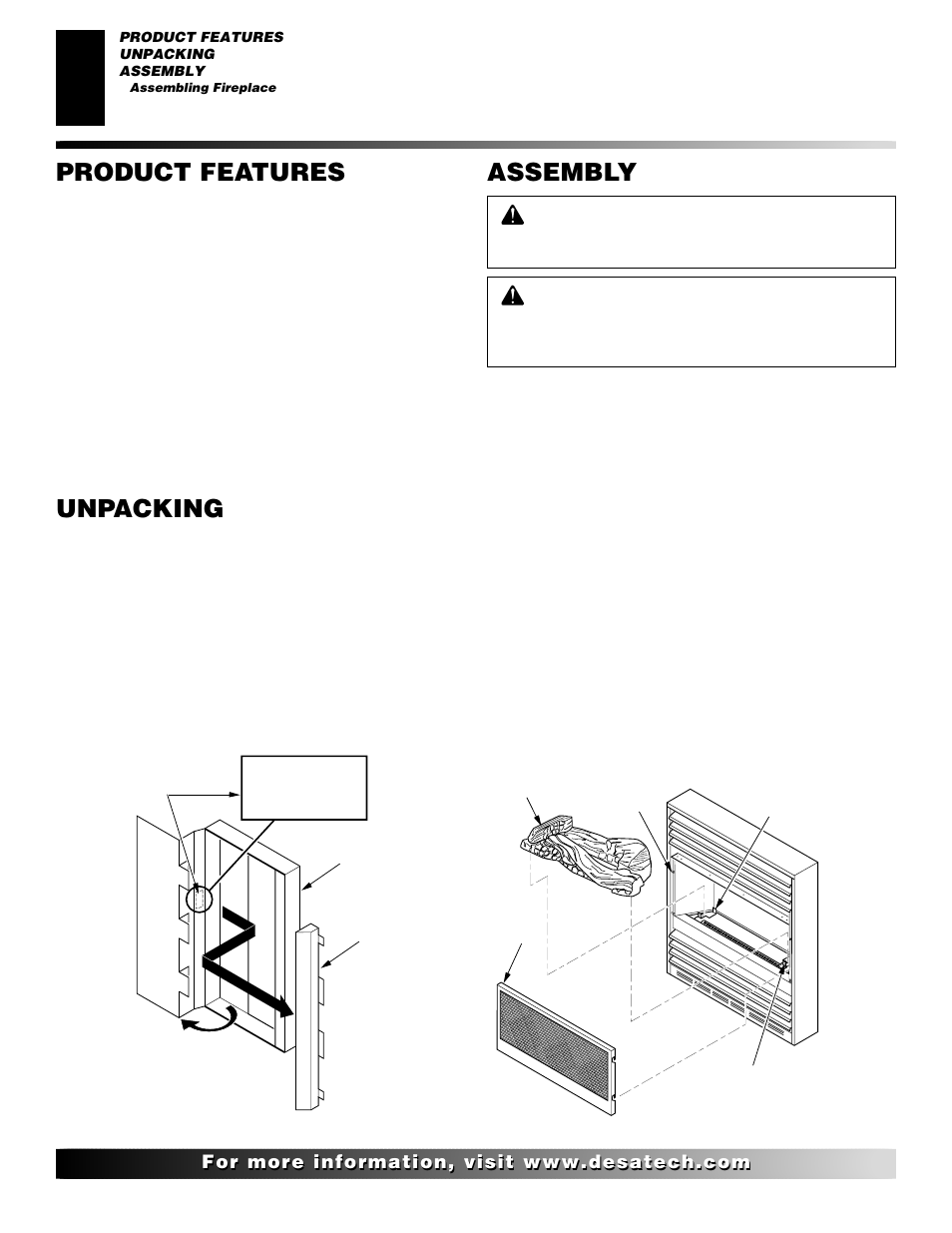 Unpacking, Assembly, Product features | Desa CGCFTP CGCFTN User Manual | Page 4 / 30