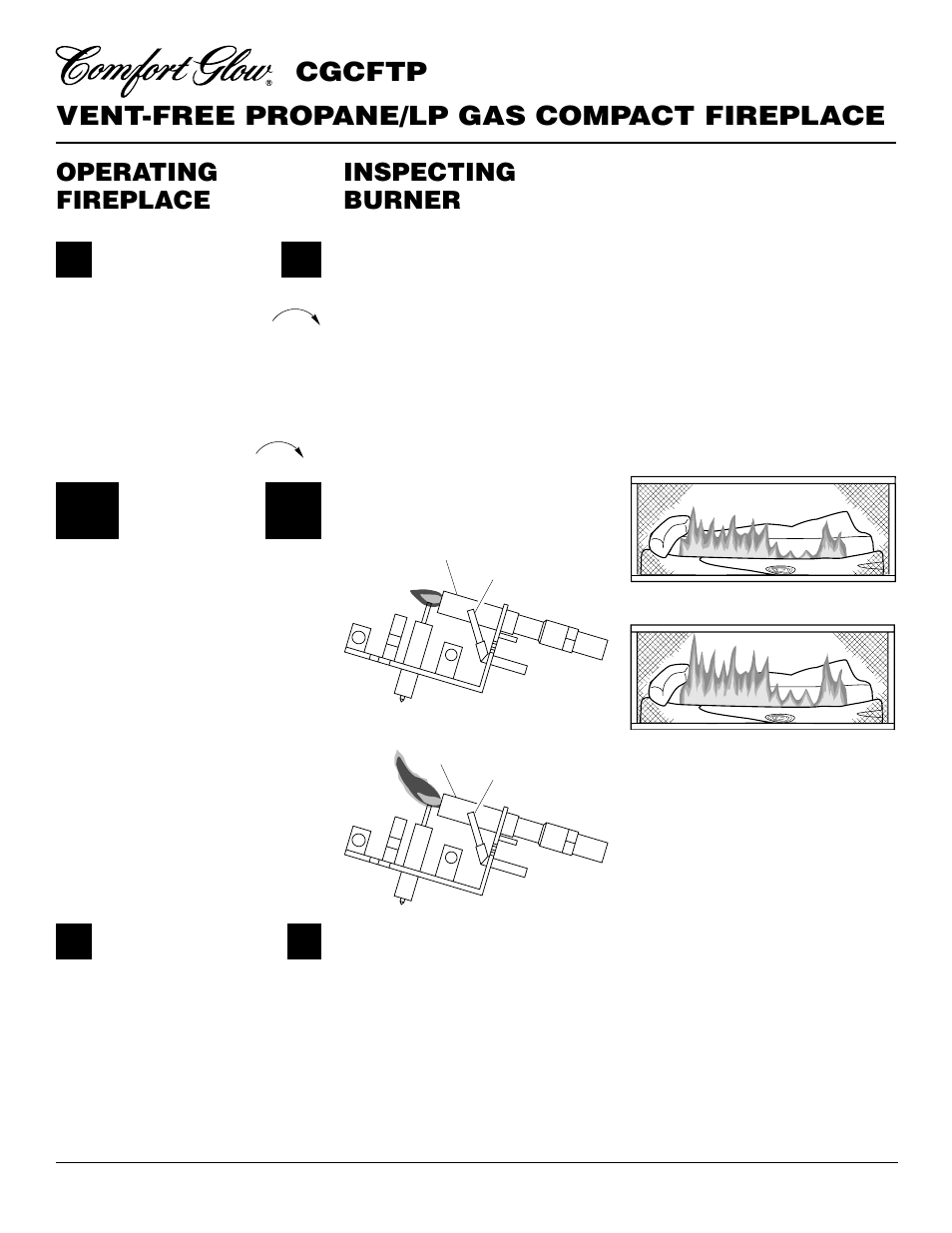 Vent-free propane/lp gas compact fireplace, Cgcftp, Inspecting burner | Operating fireplace | Desa CGCFTP 14 User Manual | Page 18 / 28