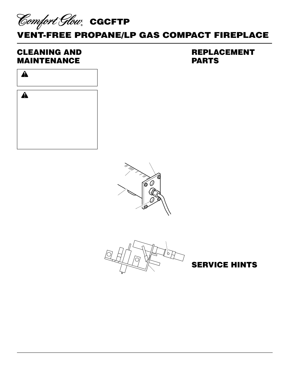 Vent-free propane/lp gas compact fireplace, Cgcftp, Replacement parts | Cleaning and maintenance, Service hints | Desa CGCFTP 14 User Manual | Page 22 / 28