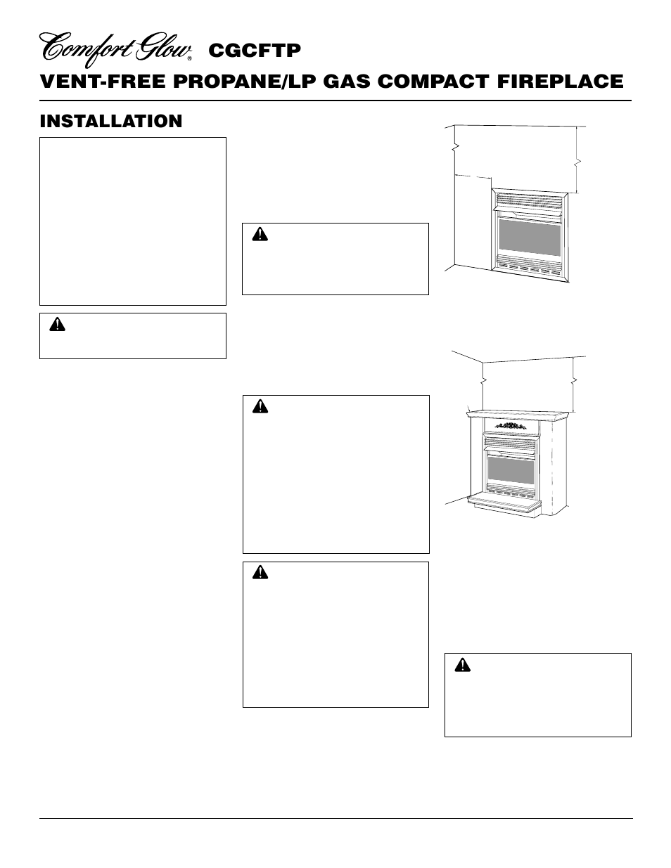 Vent-free propane/lp gas compact fireplace, Cgcftp, Installation | Check gas type, Installation items, Locating fireplace | Desa CGCFTP 14 User Manual | Page 8 / 28