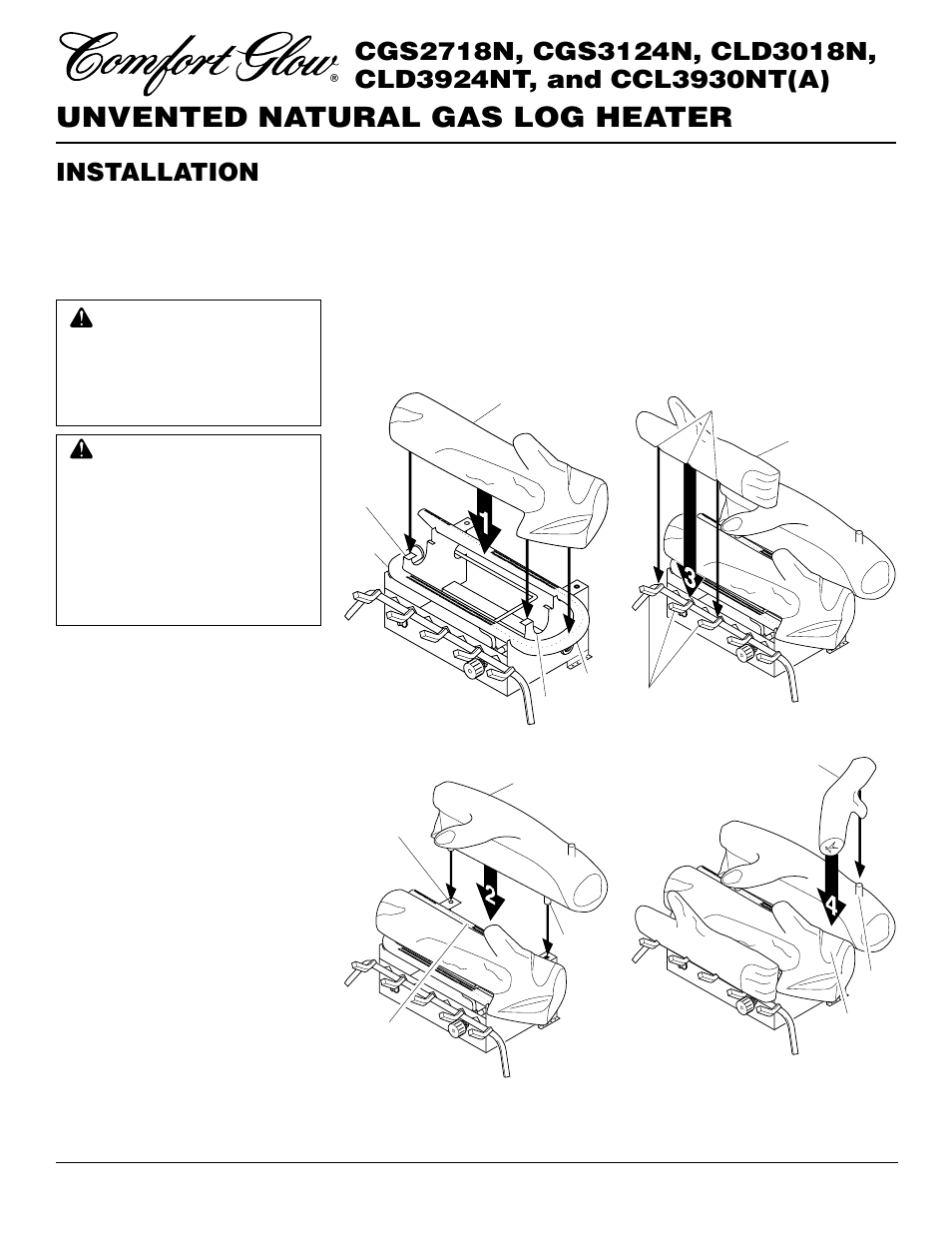 Unvented natural gas log heater, Installation, Continued | Desa CLD3924NT User Manual | Page 14 / 34