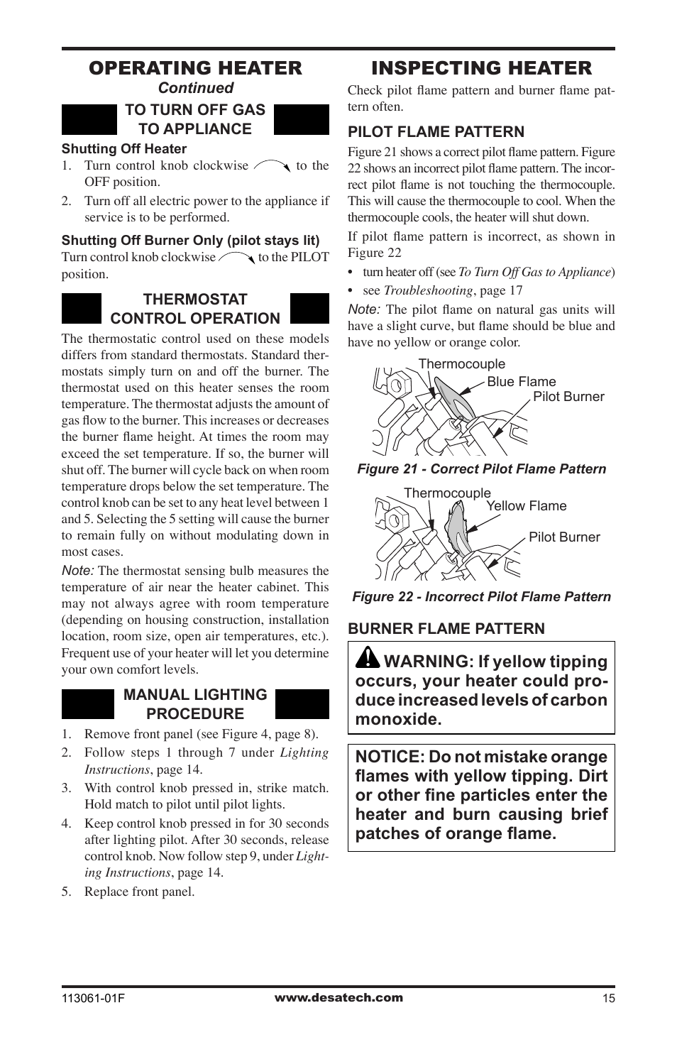 Inspecting heater, Operating heater | Desa VP30BTA User Manual | Page 15 / 24