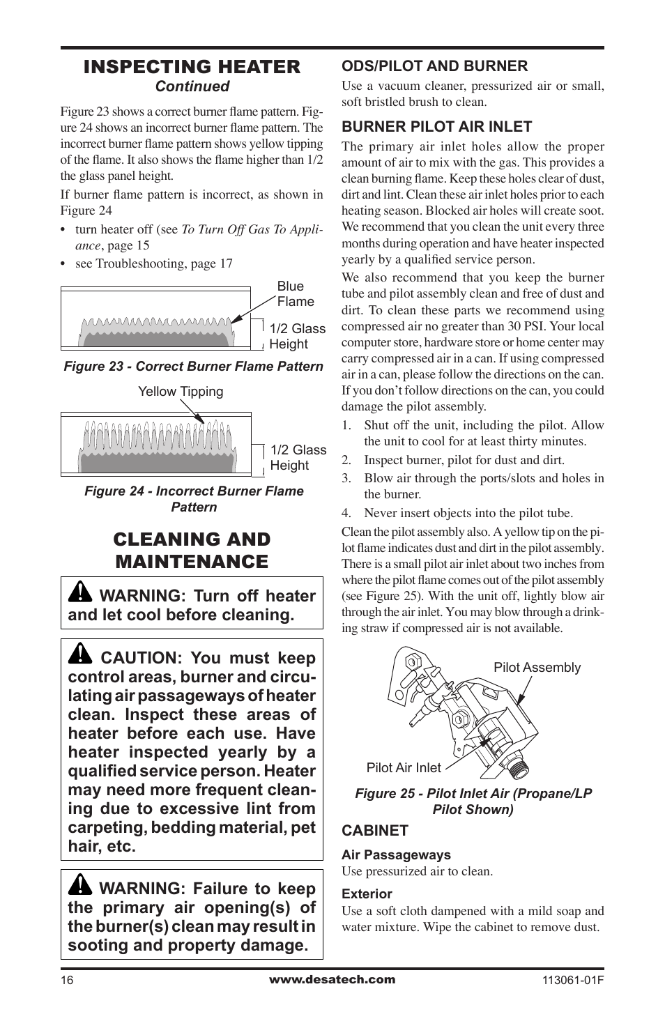 Cleaning and maintenance, Inspecting heater | Desa VP30BTA User Manual | Page 16 / 24