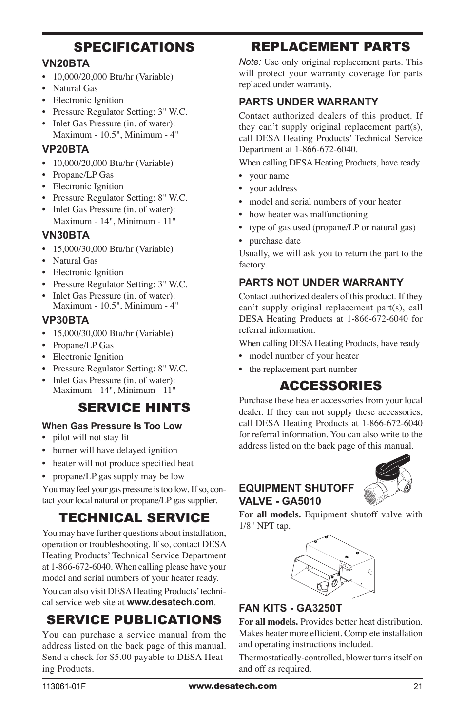 Specifications, Service hints, Technical service | Service publications, Replacement parts, Accessories | Desa VP30BTA User Manual | Page 21 / 24