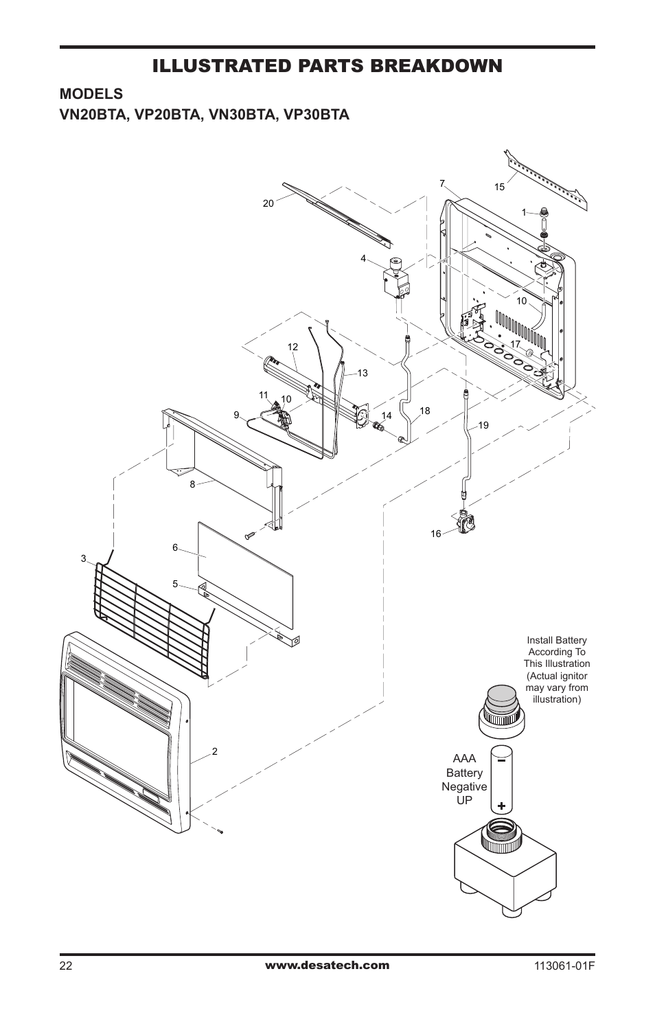Illustrated parts breakdown and parts list, Illustrated parts breakdown | Desa VP30BTA User Manual | Page 22 / 24