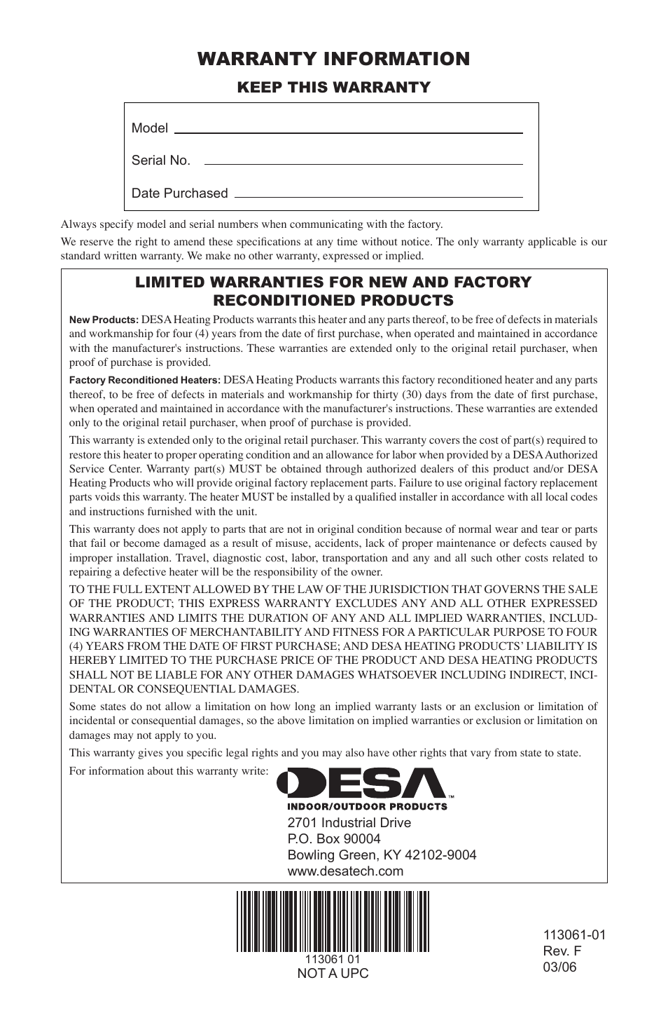 Warranty information | Desa VP30BTA User Manual | Page 24 / 24