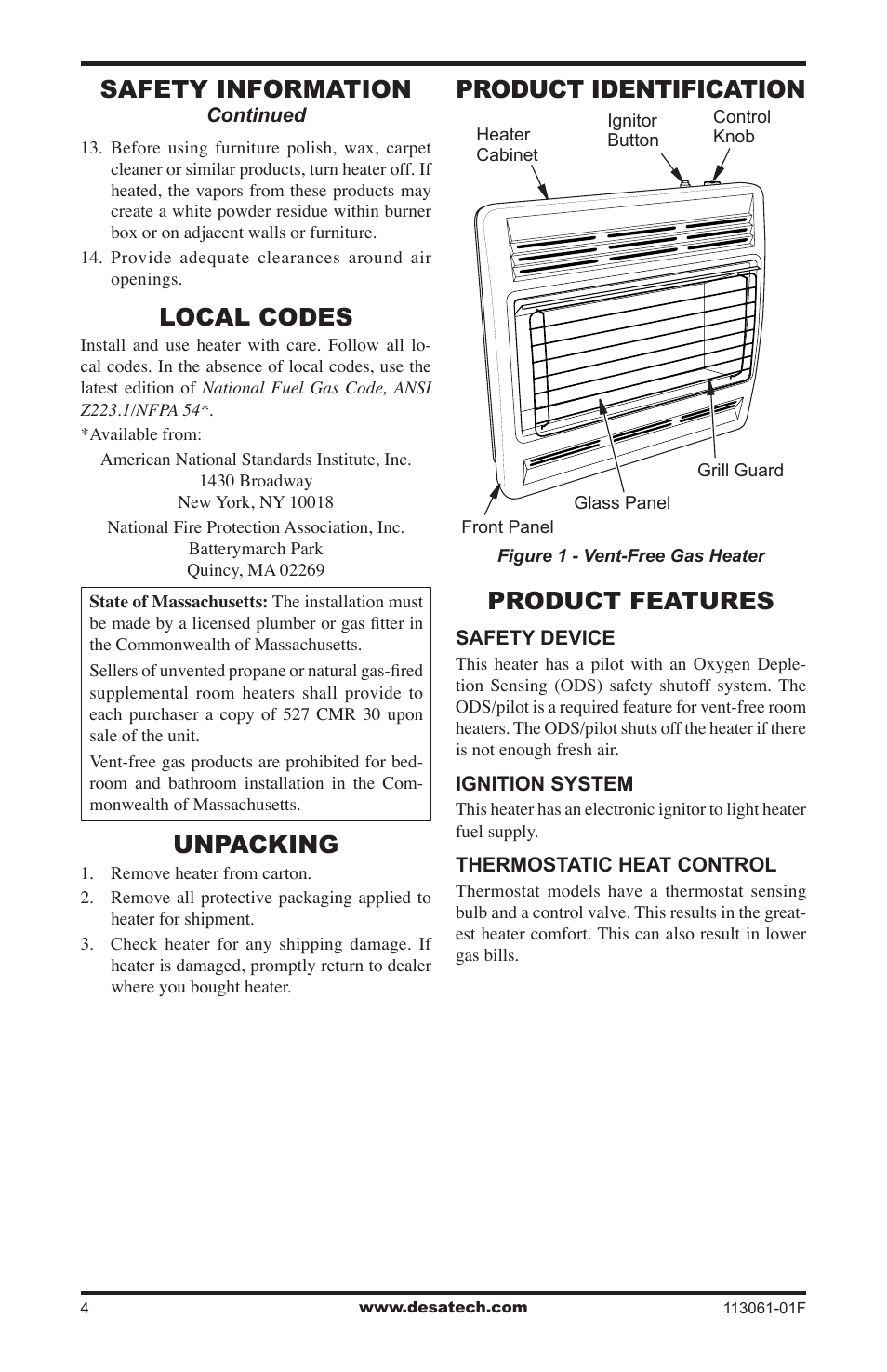 Local codes, Product identification, Unpacking | Product features, Safety information, Product identification product features | Desa VP30BTA User Manual | Page 4 / 24