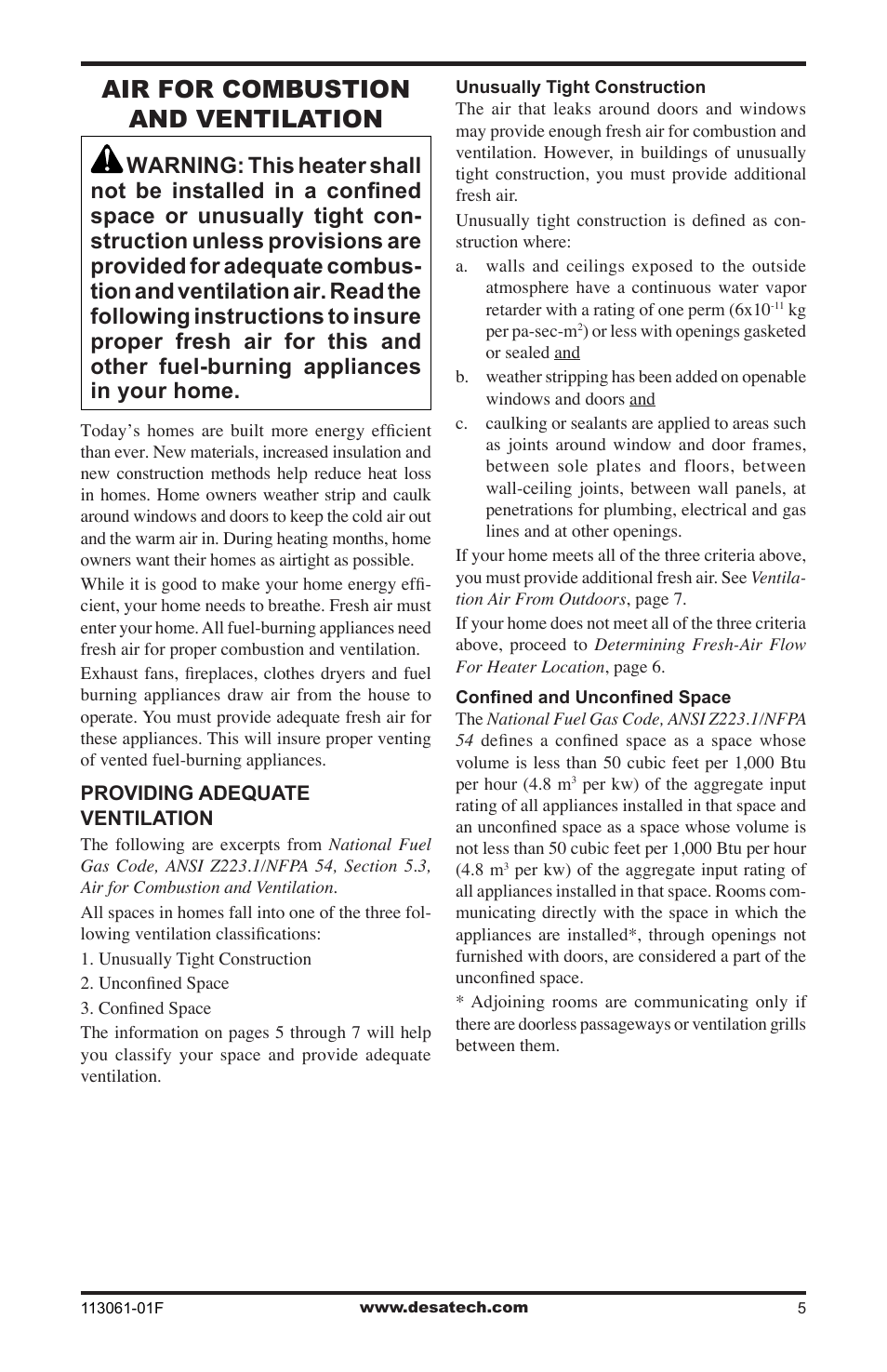 Air for combustion and ventilation | Desa VP30BTA User Manual | Page 5 / 24