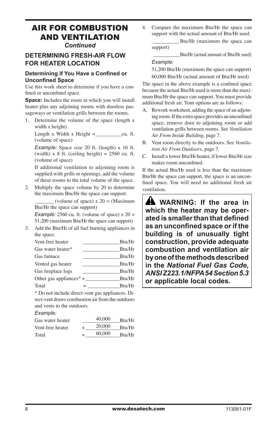 Air for combustion and ventilation | Desa VP30BTA User Manual | Page 6 / 24