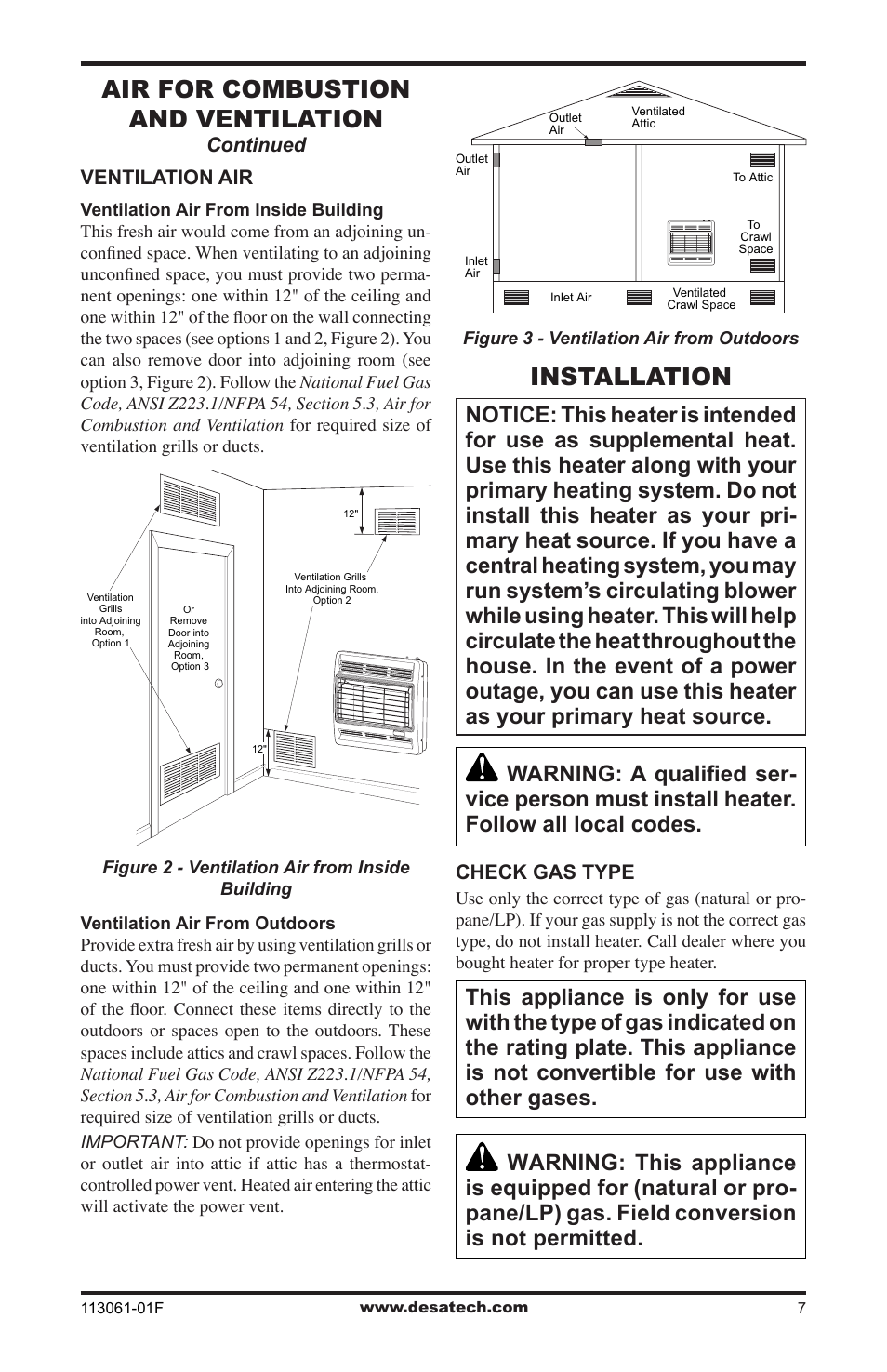 Installation, Air for combustion and ventilation | Desa VP30BTA User Manual | Page 7 / 24