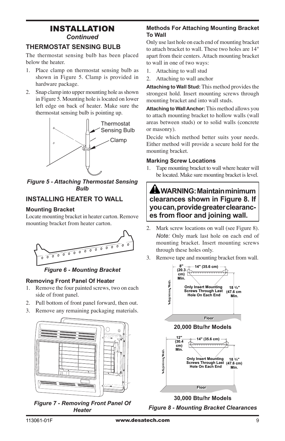 Installation, Thermostat sensing bulb, Installing heater to wall | Continued | Desa VP30BTA User Manual | Page 9 / 24