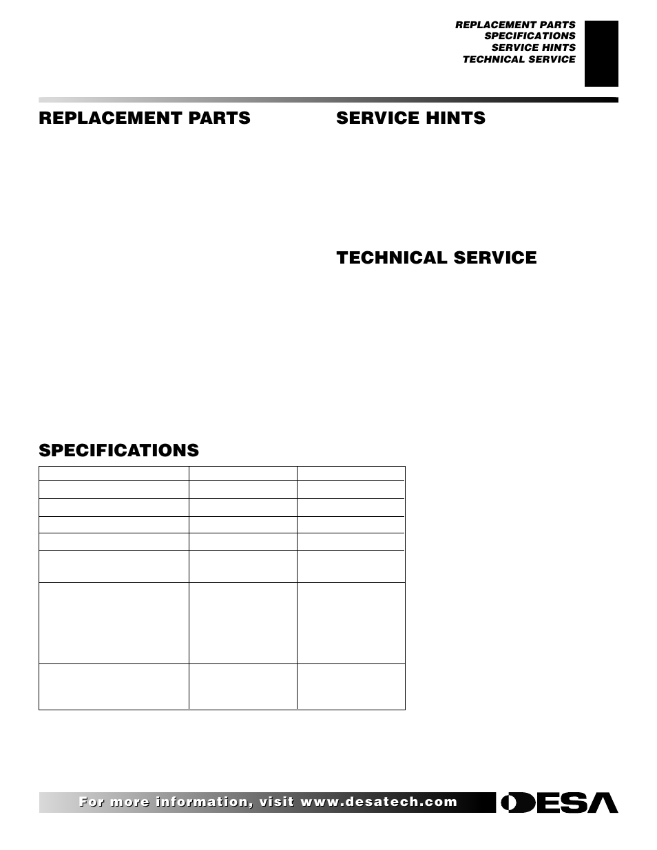 Specifications service hints, Technical service, Replacement parts | Desa (V)K36N SERIES User Manual | Page 31 / 40