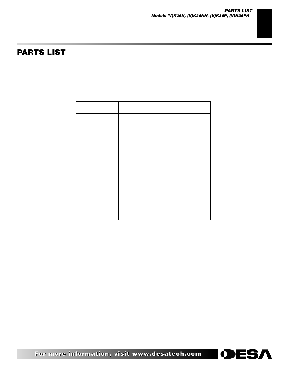 Parts list | Desa (V)K36N SERIES User Manual | Page 35 / 40