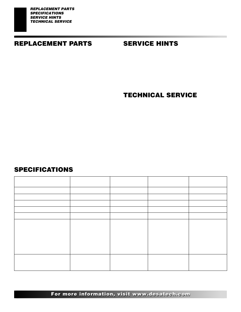 Replacement parts, Specifications, Service hints | Technical service, Parts under warranty, Parts not under warranty | Desa CTDV36NR User Manual | Page 32 / 38