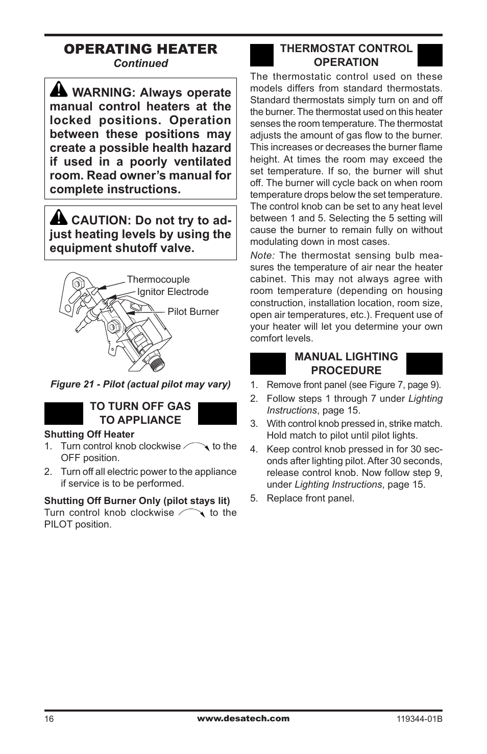 Operating heater | Desa WMP20A User Manual | Page 16 / 28