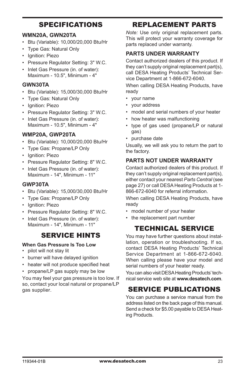 Specifications, Service hints, Replacement parts | Technical service, Service publications | Desa WMP20A User Manual | Page 23 / 28