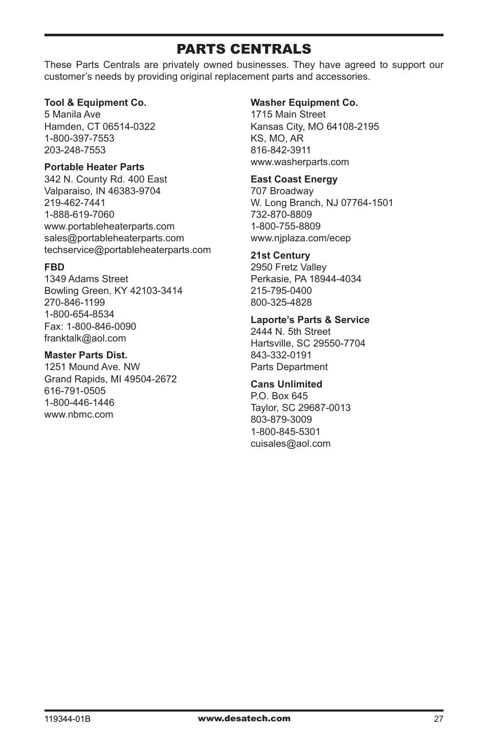 Parts centrals | Desa WMP20A User Manual | Page 27 / 28