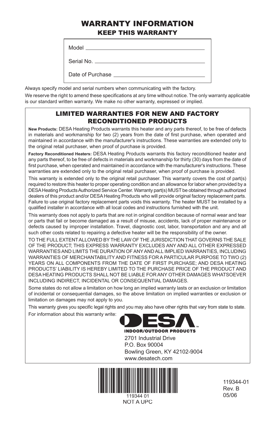 Warranty information | Desa WMP20A User Manual | Page 28 / 28