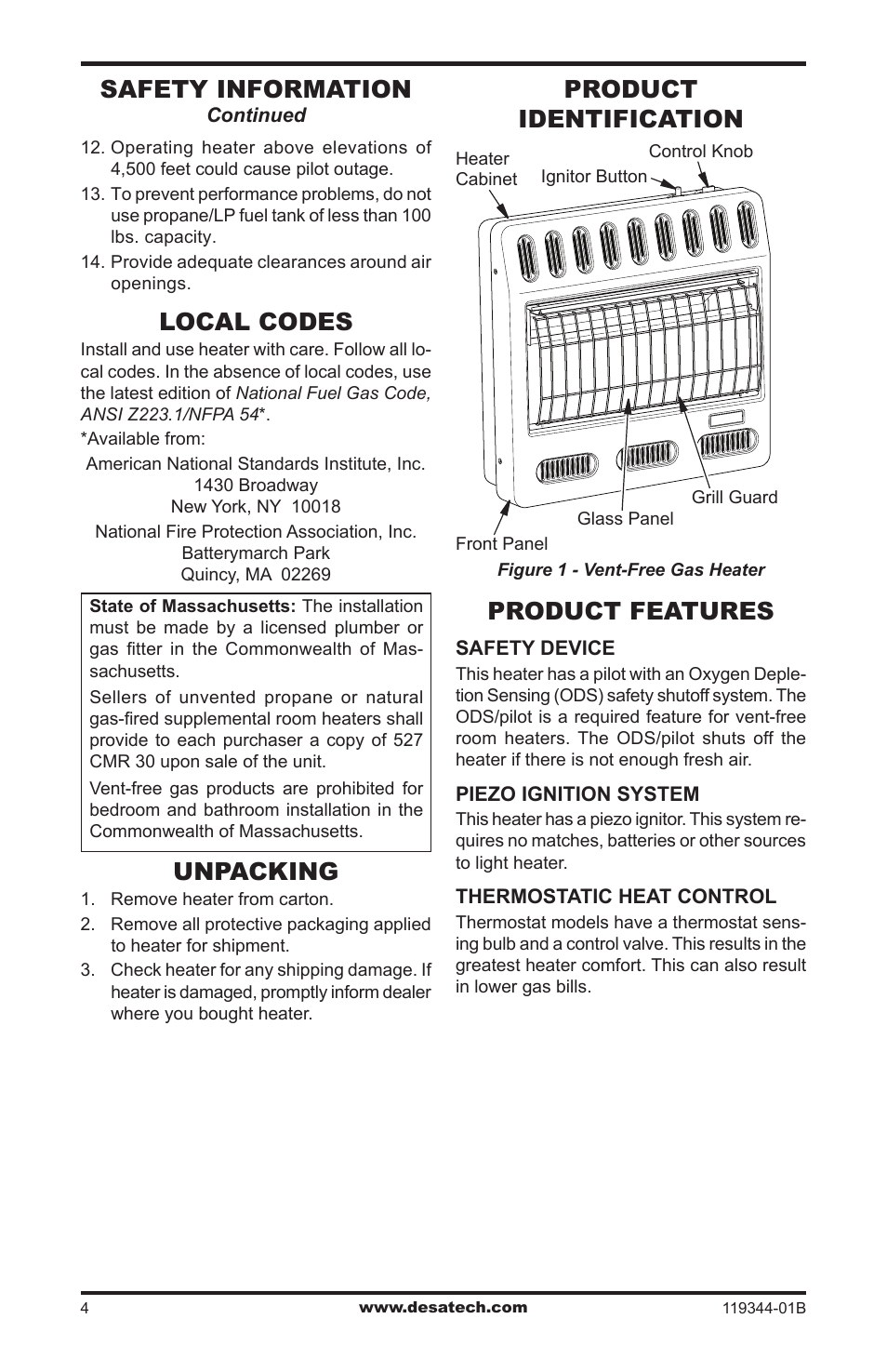 Local codes, Product identification, Unpacking | Product features, Safety information, Product identification product features | Desa WMP20A User Manual | Page 4 / 28