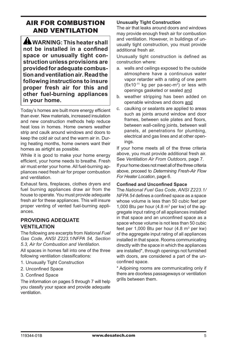 Air for combustion and ventilation | Desa WMP20A User Manual | Page 5 / 28
