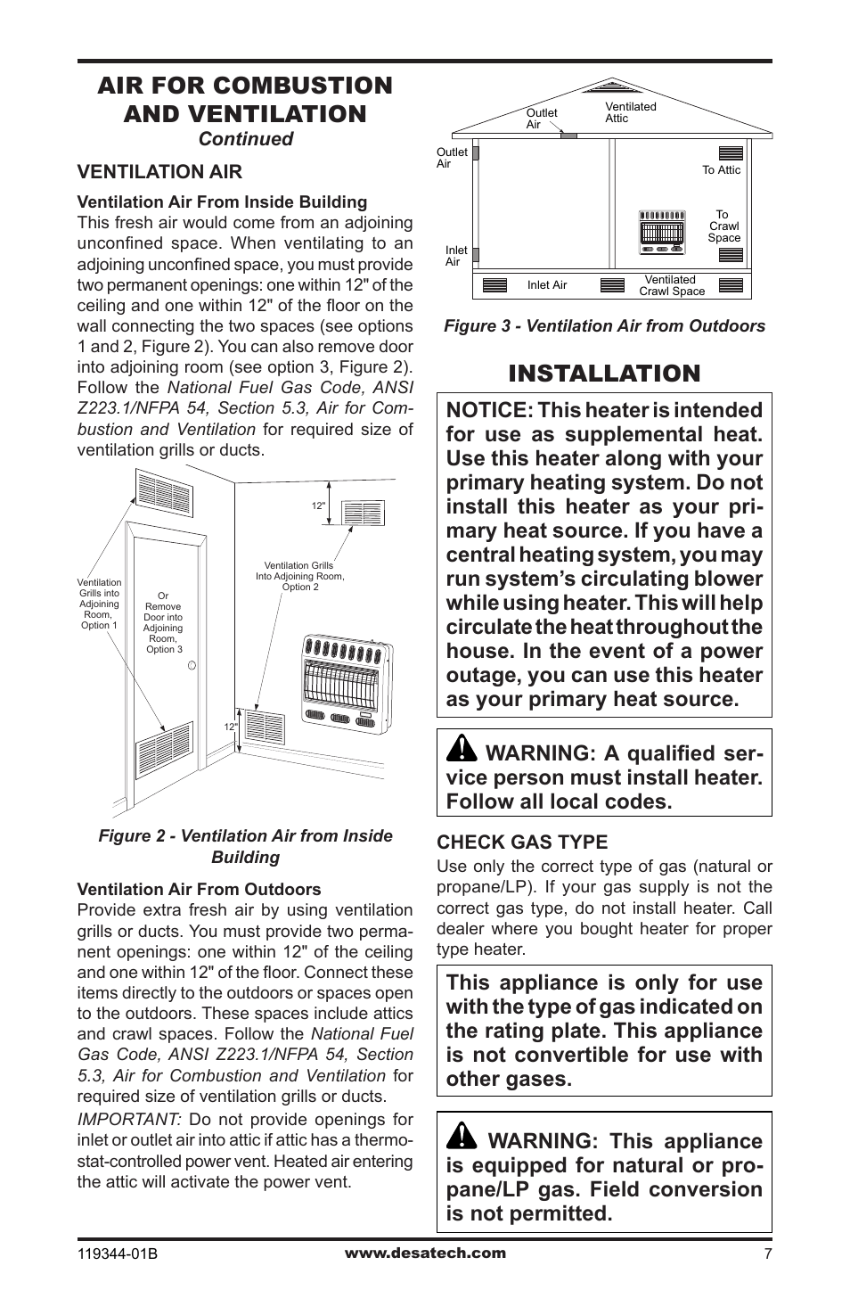 Installation, Air for combustion and ventilation | Desa WMP20A User Manual | Page 7 / 28