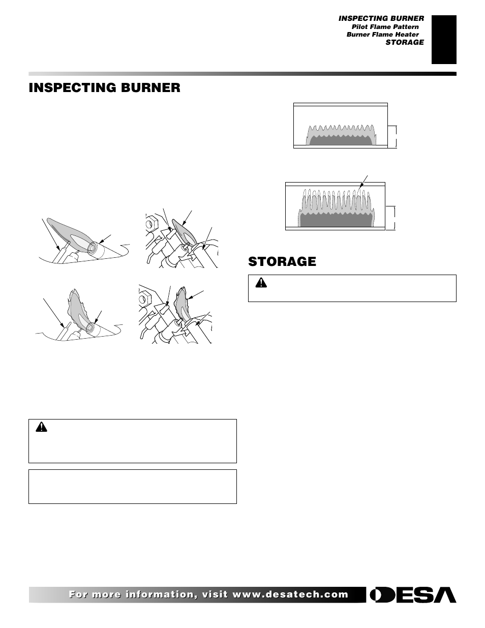 Inspecting burner, Storage, Pilot flame pattern | Burner flame pattern | Desa REM10PT RH10PT User Manual | Page 11 / 22