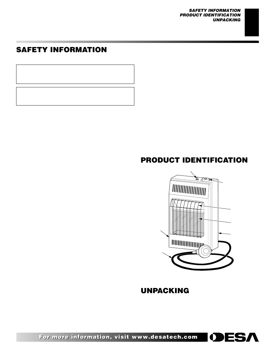 Safety information, Product identification, Unpacking | Continued | Desa REM10PT RH10PT User Manual | Page 3 / 22