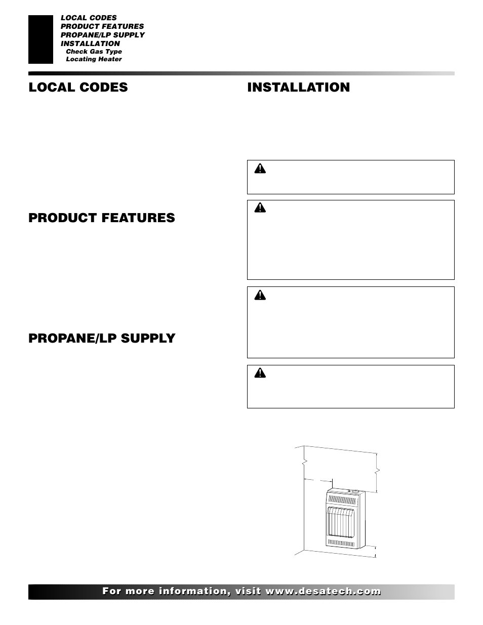Local codes, Product features, Propane/lp supply | Installation | Desa REM10PT RH10PT User Manual | Page 4 / 22