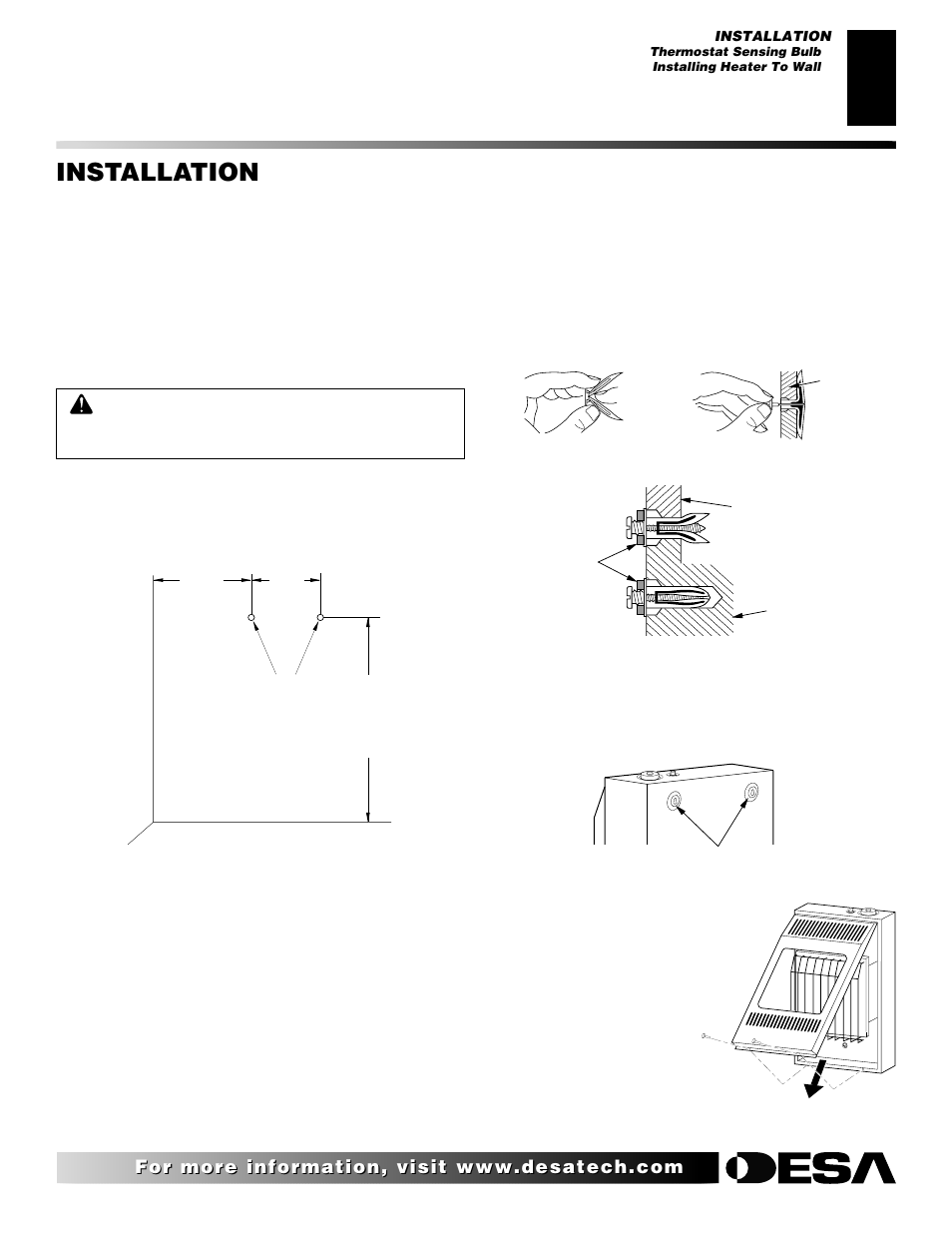 Installation, Continued, Thermostat sensing bulb | Installing heater to wall | Desa REM10PT RH10PT User Manual | Page 5 / 22