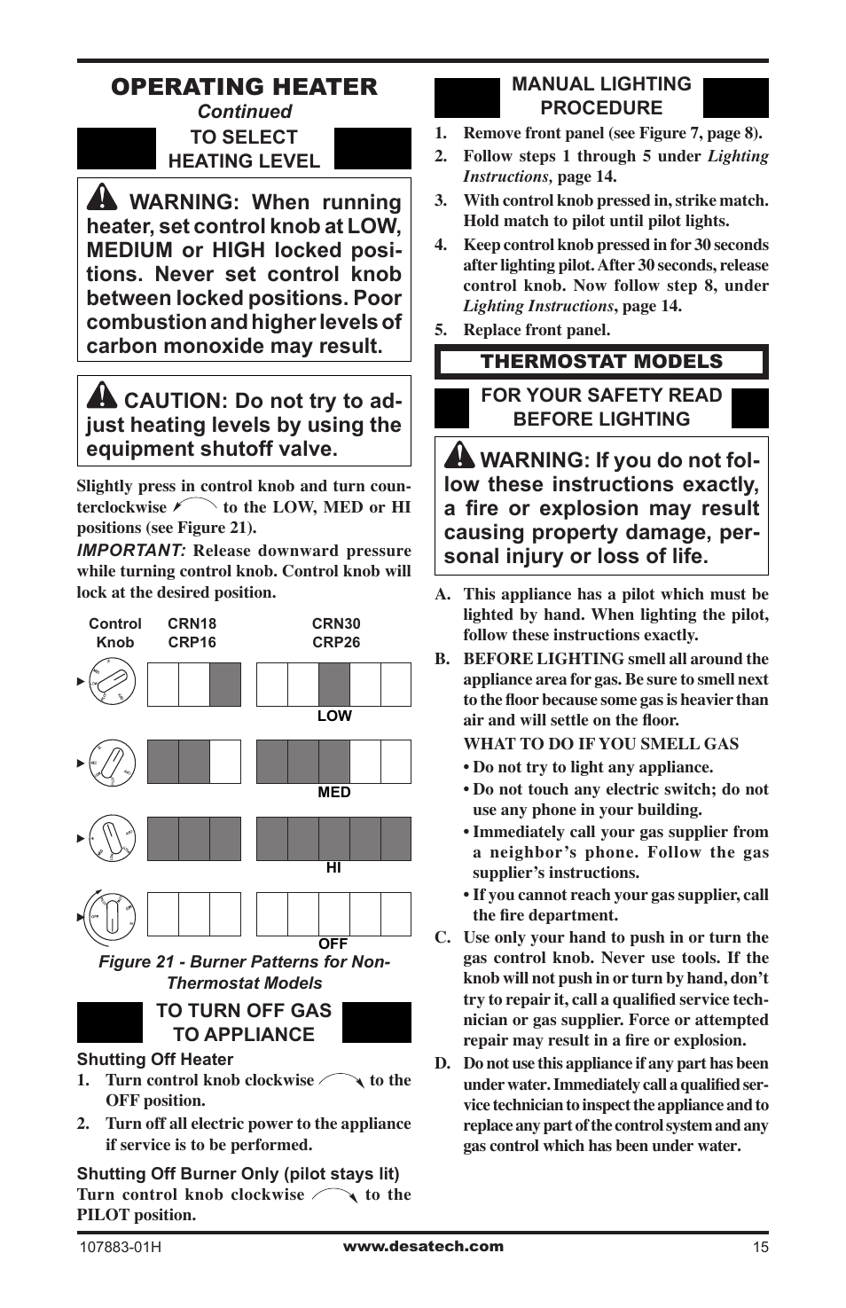 Operating heater | Desa CRN30 User Manual | Page 15 / 32