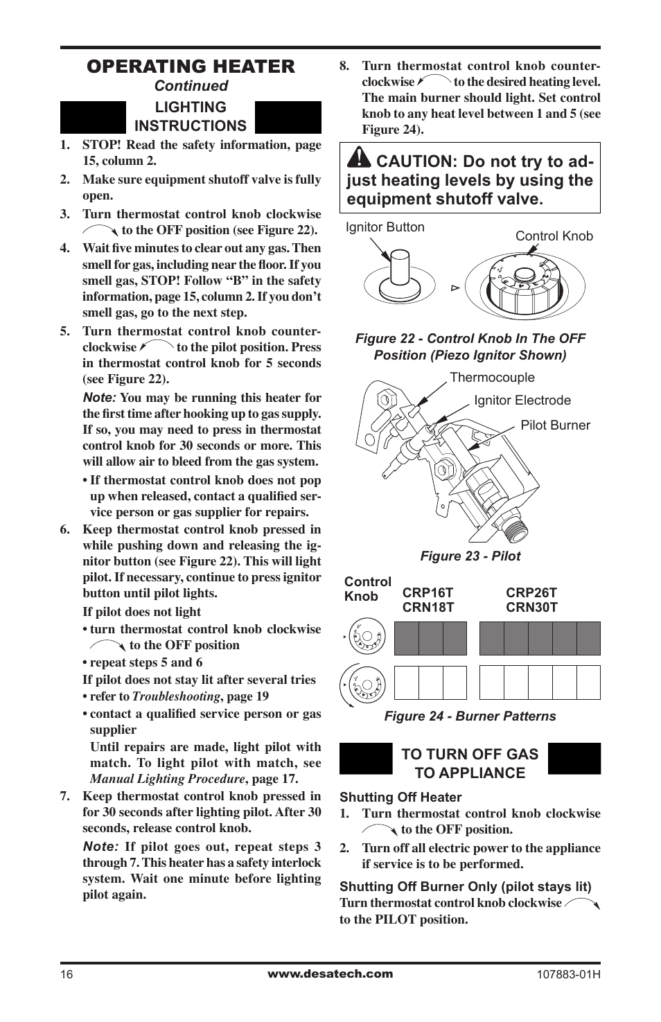 Operating heater | Desa CRN30 User Manual | Page 16 / 32