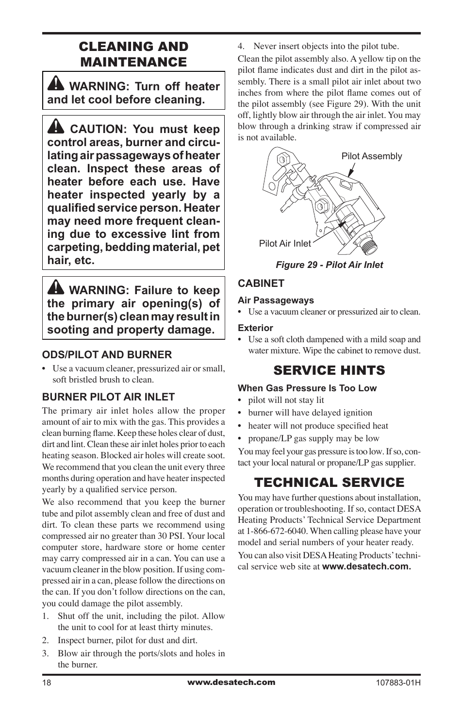 Cleaning and maintenance, Service hints, Technical service | Desa CRN30 User Manual | Page 18 / 32
