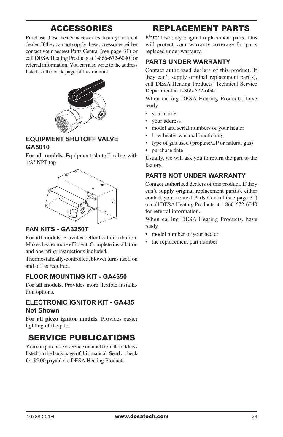 Accessories, Service publications, Replacement parts | Desa CRN30 User Manual | Page 23 / 32
