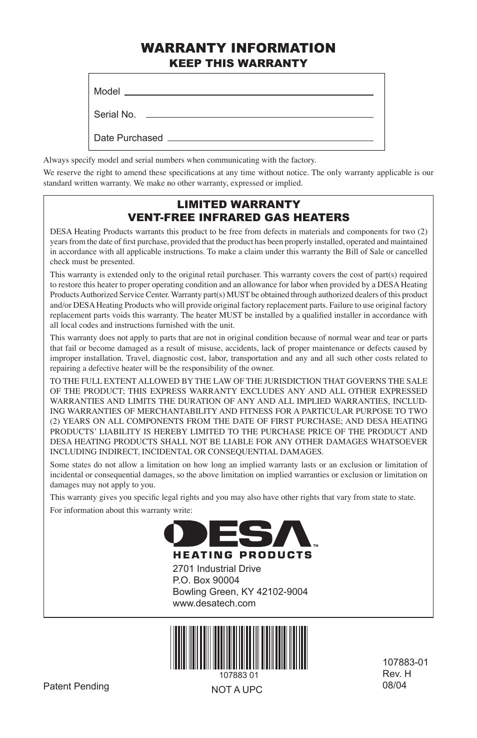 Warranty information, Keep this warranty, Limited warranty vent-free infrared gas heaters | Desa CRN30 User Manual | Page 32 / 32