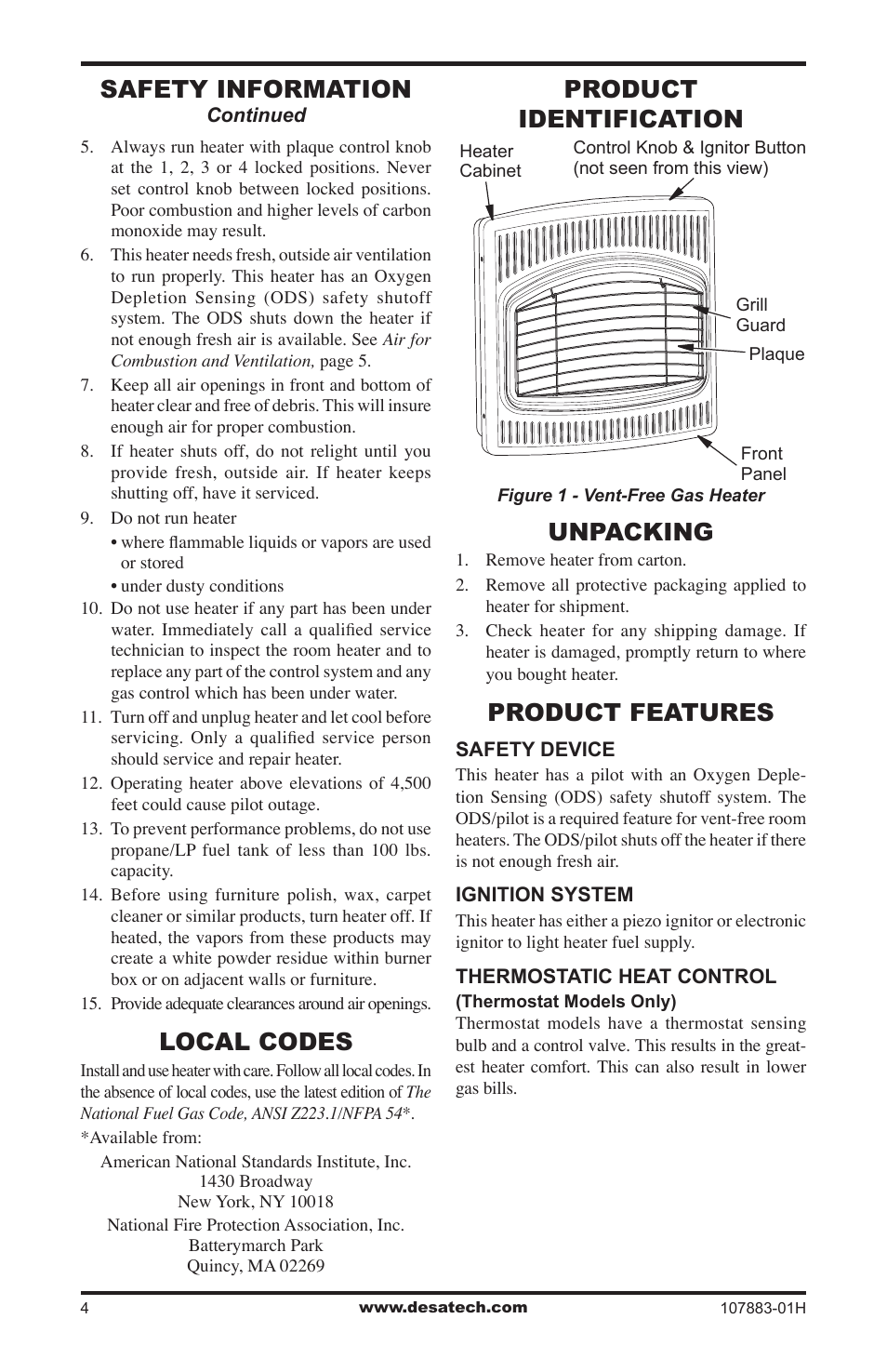 Product identification, Unpacking, Product features | Local codes, Safety information | Desa CRN30 User Manual | Page 4 / 32