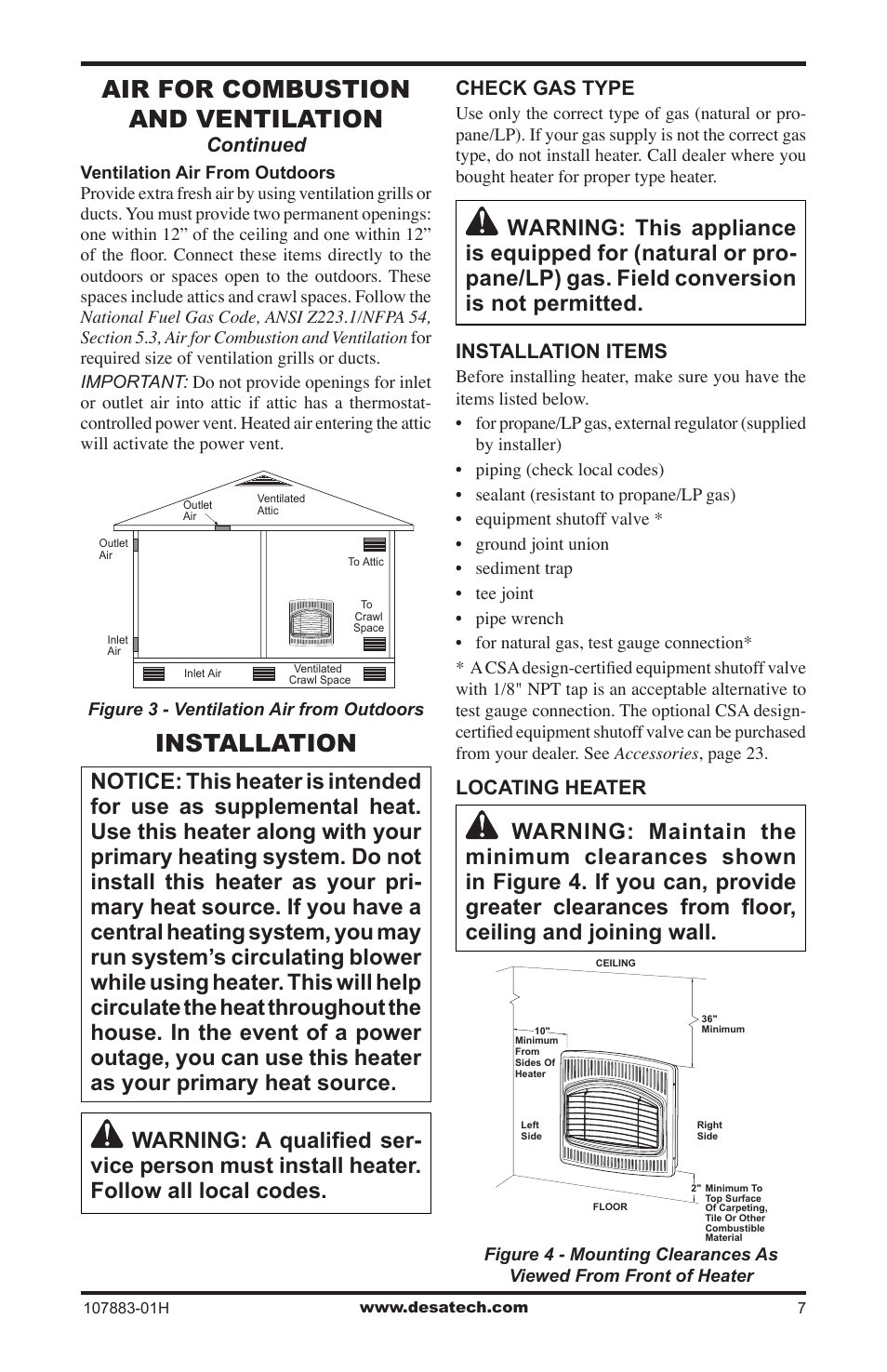 Installation, Air for combustion and ventilation | Desa CRN30 User Manual | Page 7 / 32